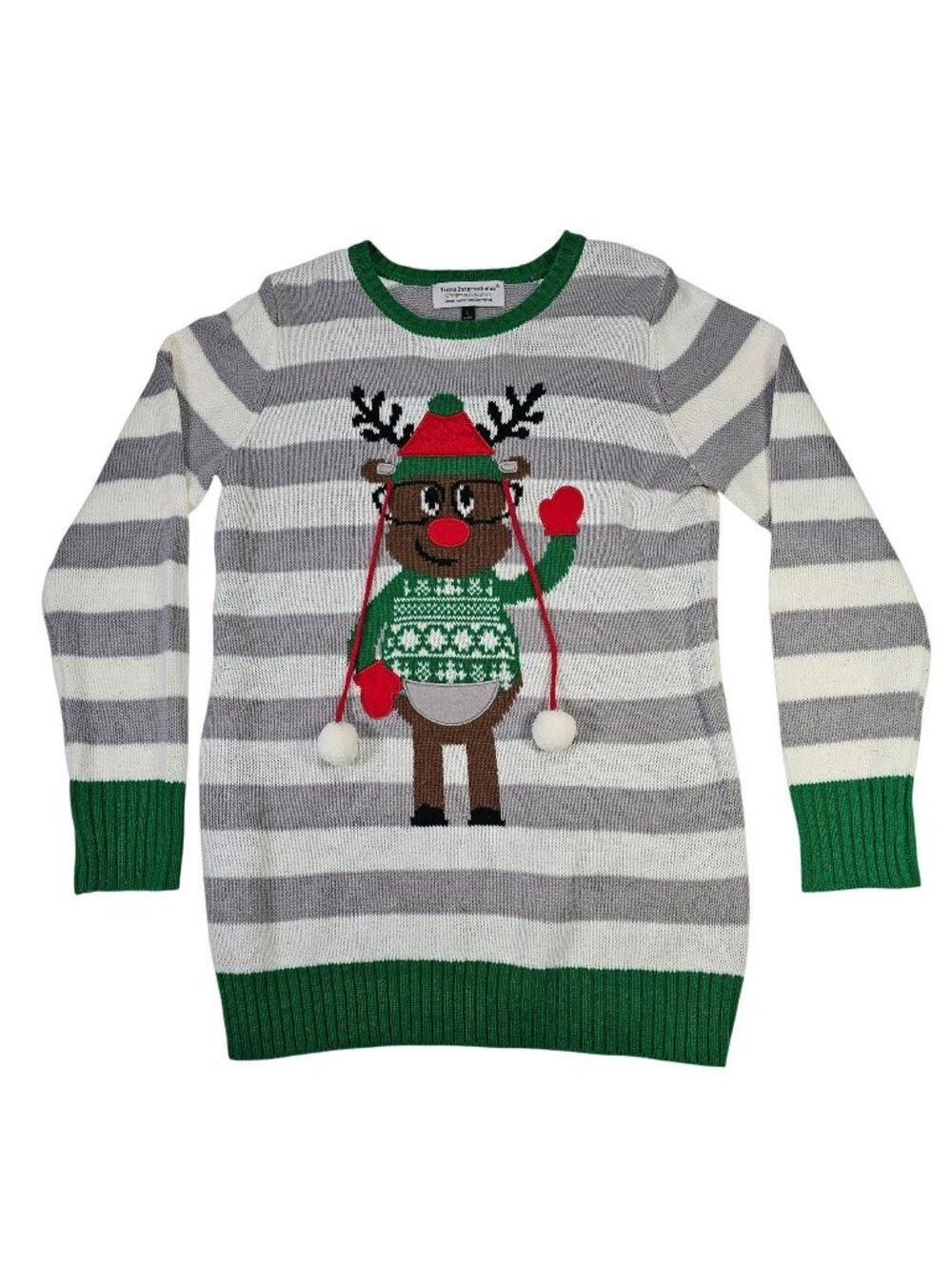 Tiara International Christmas Collection Reindeer Ugly Sweater Large Gray/White
